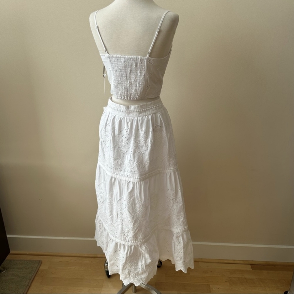 NWT Jason Wu Eyelet 2 Pc Set Tiered Ruffled Midi Skirt & Corset Crop Top White M - Picture 6 of 16